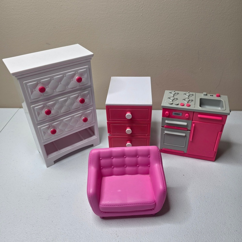 Barbie Doll Furniture Lot Kids Pink White Kitchen Bedroom Set